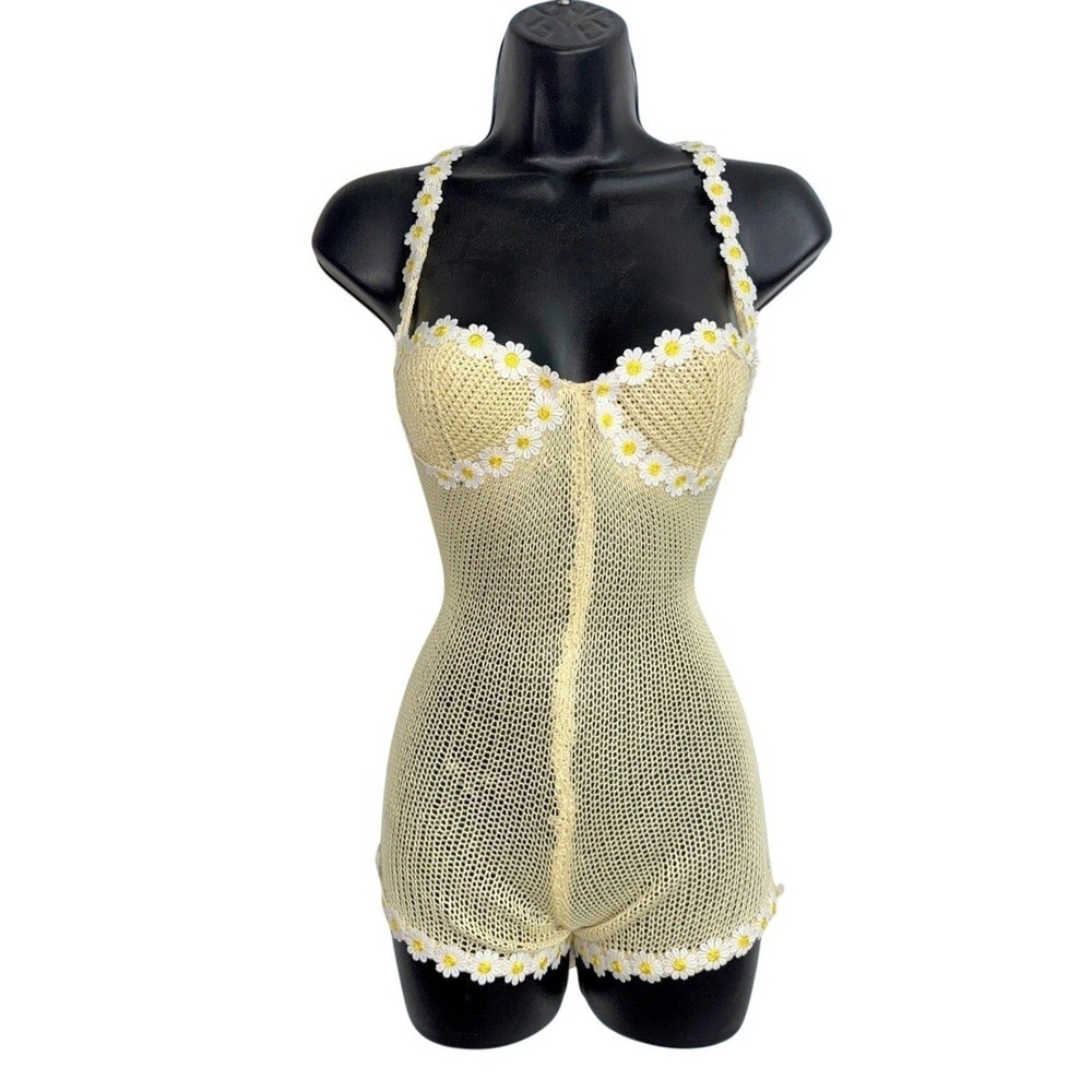 New XS Daisy Romper Crochet Knitโ Bodysuit Yellow Vintage Festival Outfit Retro